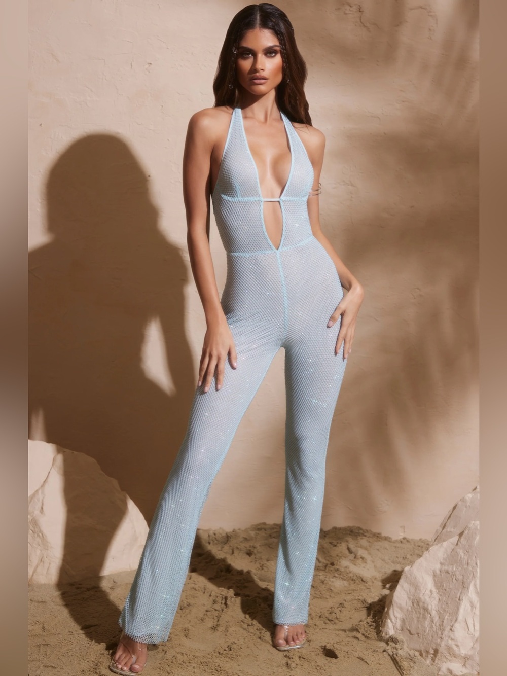 NEW Oh Polly Ramona Aqua Blue Petite Embellished Plunge Neck Jumpsuit Size 2P